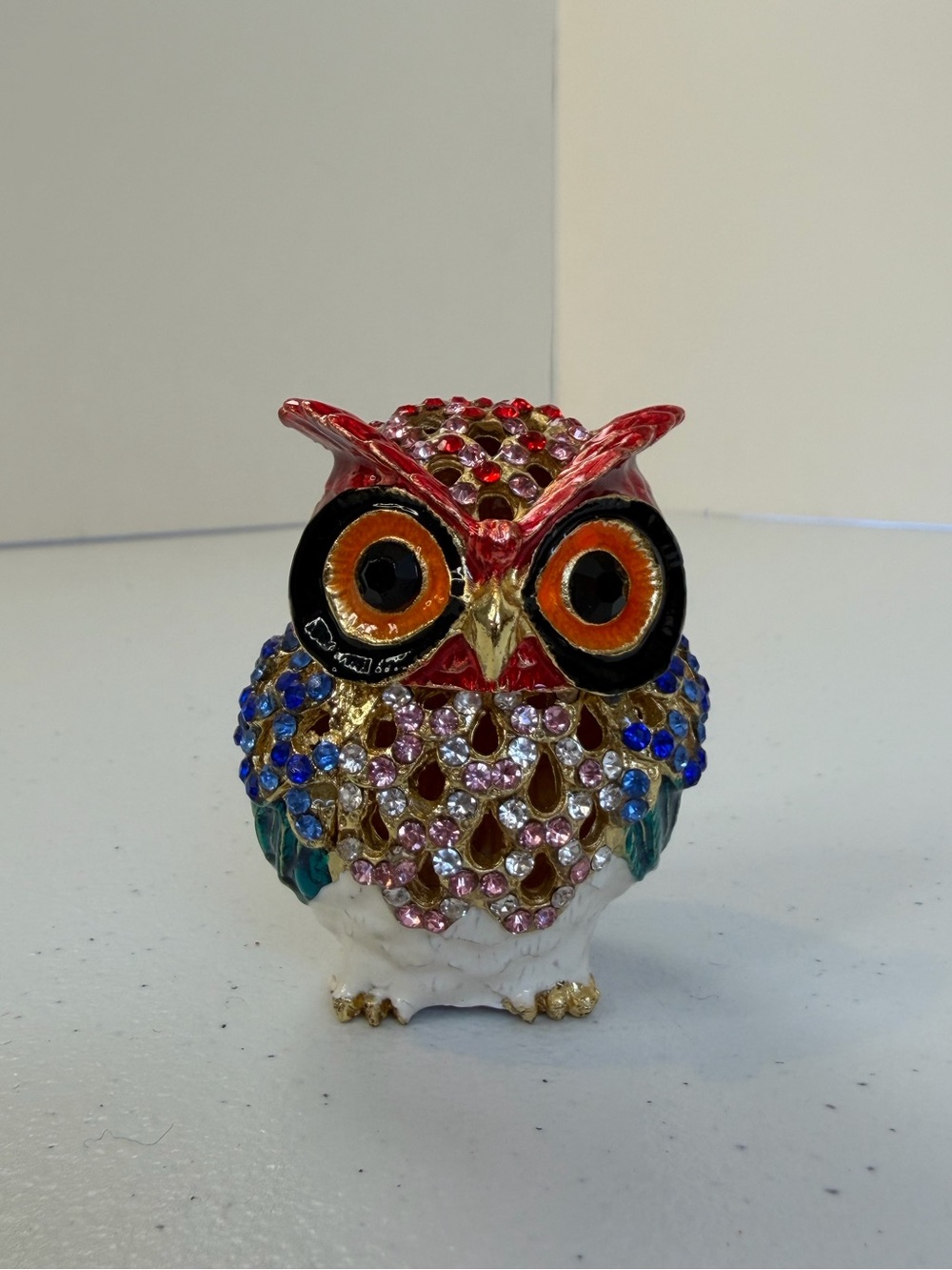Cloisonné Owl Trinket Box Hinged Jewelry Ring Holder Rhinestone Necklace Red - Picture 2 of 8